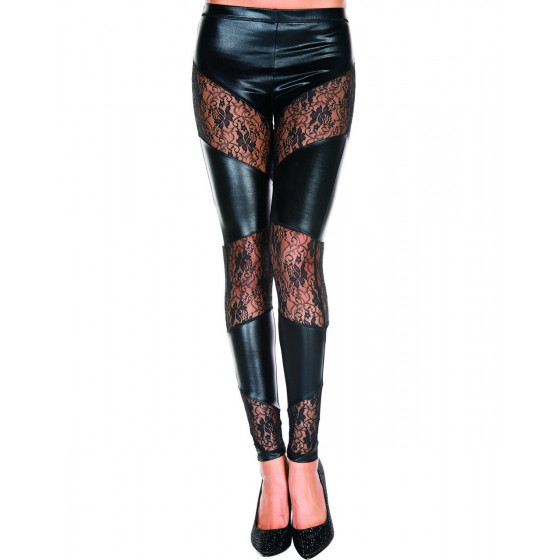 Legging Noir Wetlook avec Bandes de Dentelle Florale Pas Cher