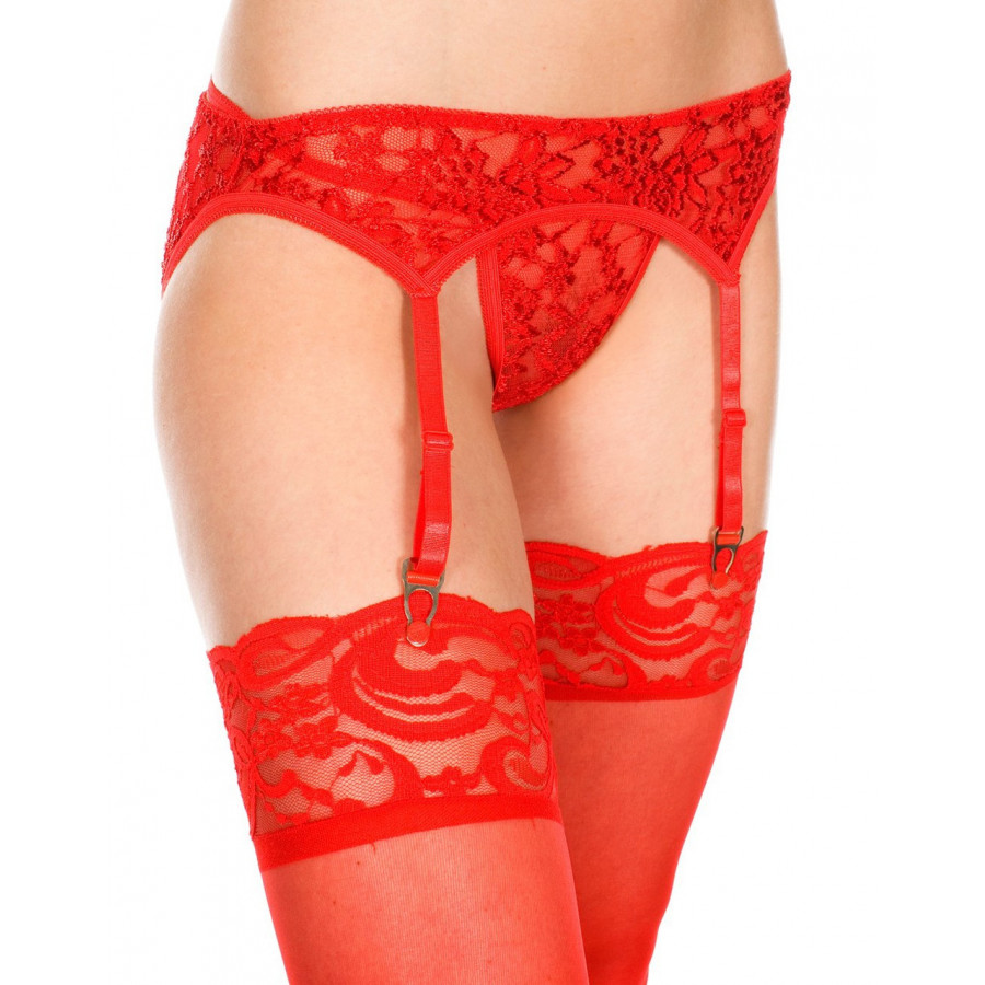 Porte-jarretelles rouge avec string dentelle florale Pas Cher