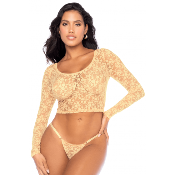 Ensemble 2 Pièces en Dentelle Jaune Pastel, Crop Top et String Pas Cher