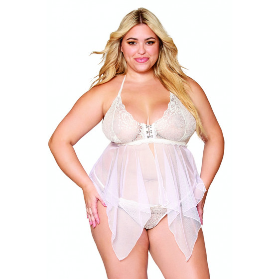 Babydoll et String Grande Taille en Résille et Dentelle Blanche Pas Cher - Livraison Rapide