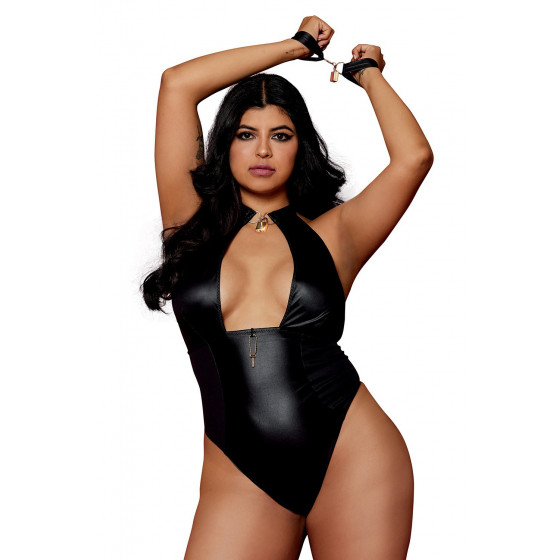 Body Wetlook Noir Grande Taille avec Menottes, Cadenas Bijoux et Clé Bijou Inclus Pas Cher - Livraison Rapide