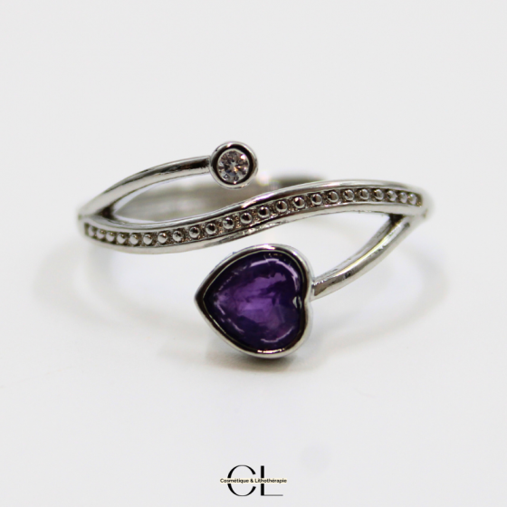 Bague en Cuivre Blanc Ajustable Facetté Amethyste AA en forme de Cœur pas cher