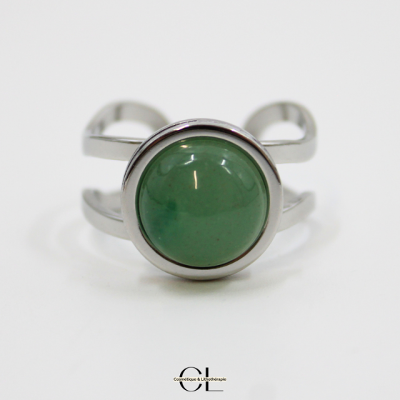 Bague en Acier Inoxydable Argentée avec Pierre Aventurine Verte A pas cher