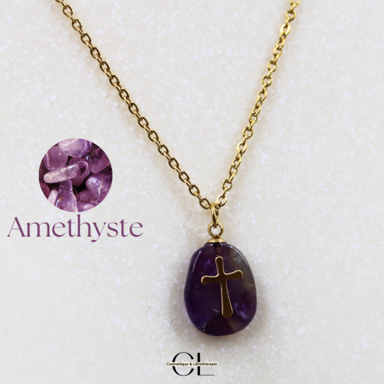 Collier Chaine en Acier Inoxydable Doré avec Pierre Améthyste A et Croix pas cher