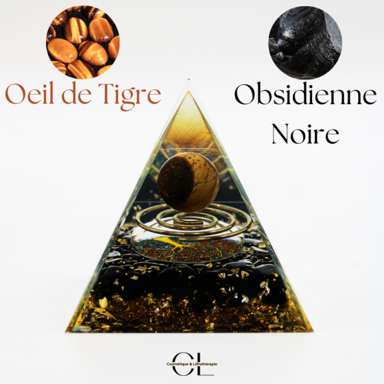 Orgonite pyramide Oeil de Tigre et Obsidienne Noire Pas Cher
