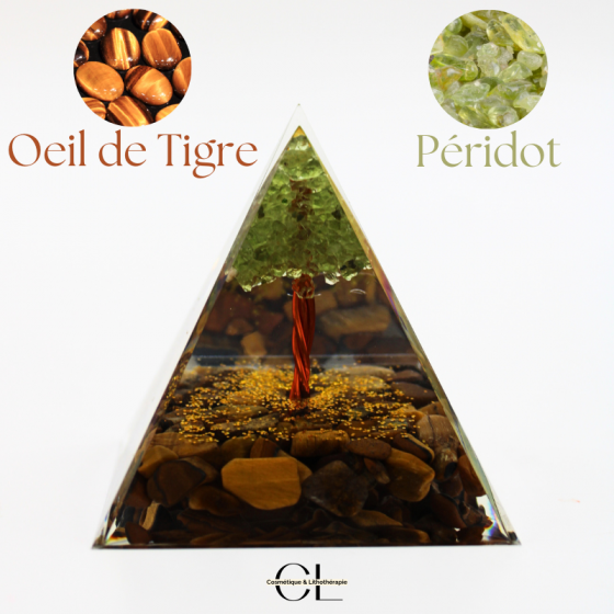Orgonite pyramide Oeil de Tigre & Péridot Arbre de Vie Pas Cher