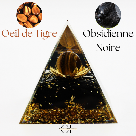Orgonite pyramide Oeil de Tigre et Obsidienne Noire Lotus Pas Cher
