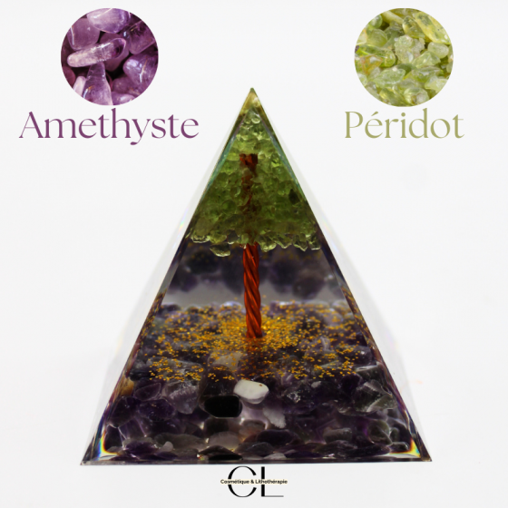 Orgonite pyramide Amethyste et Péridot Arbre de Vie Pas Cher