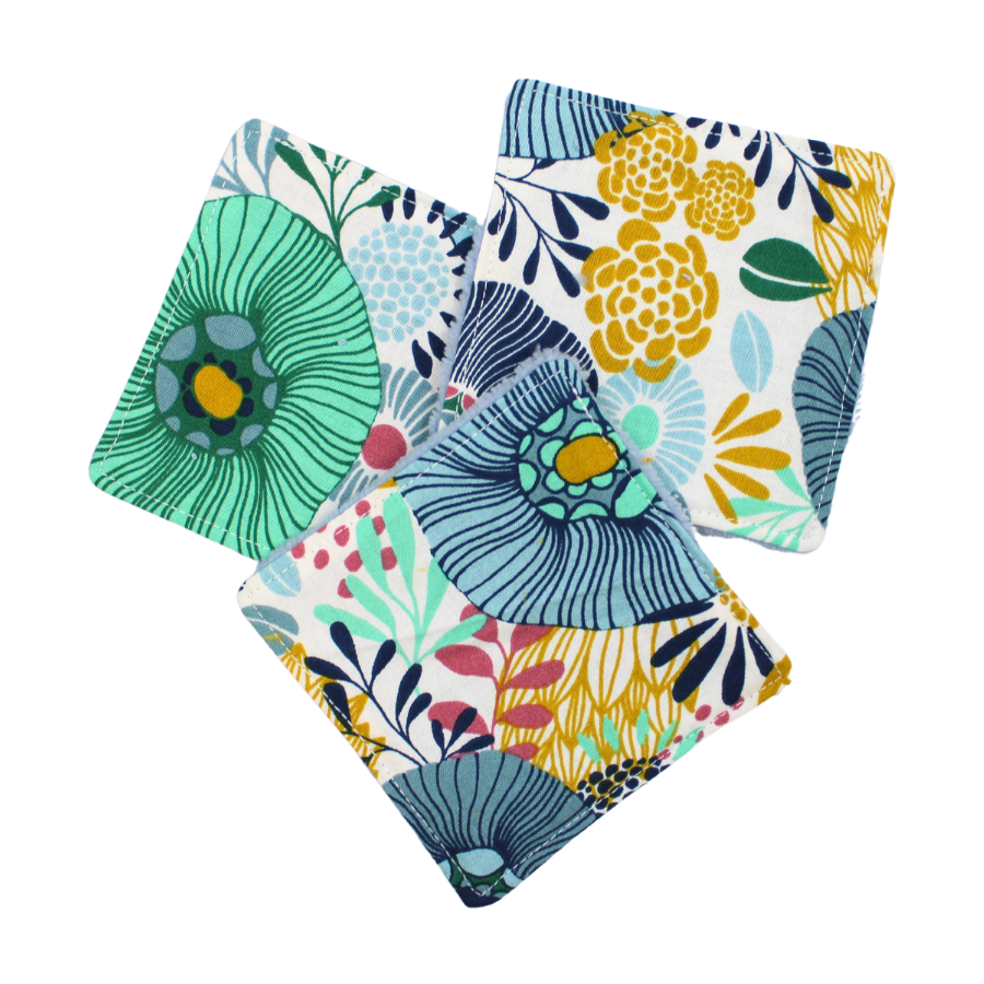 Lot de 3 Cotons Lavables Bleus Assortis Motif Floral Pas Cher