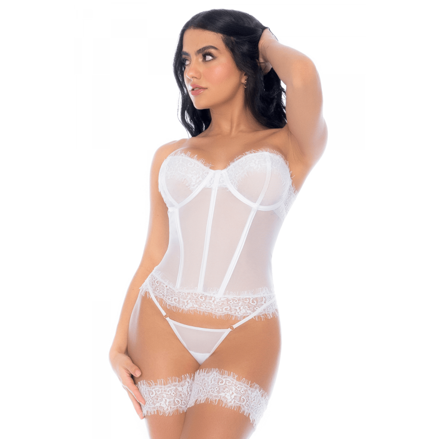 Ensemble lingerie blanc 4 pièces – bustier, string & 2 jarretières