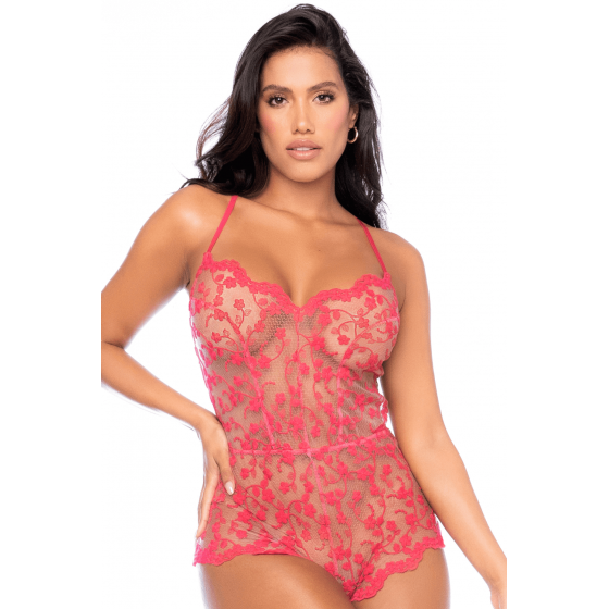Combishort en dentelle transparente couleur cerise Pas Cher