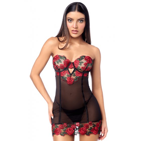 Babydoll sexy à armatures Mapalé broderie roses et string Pas Cher