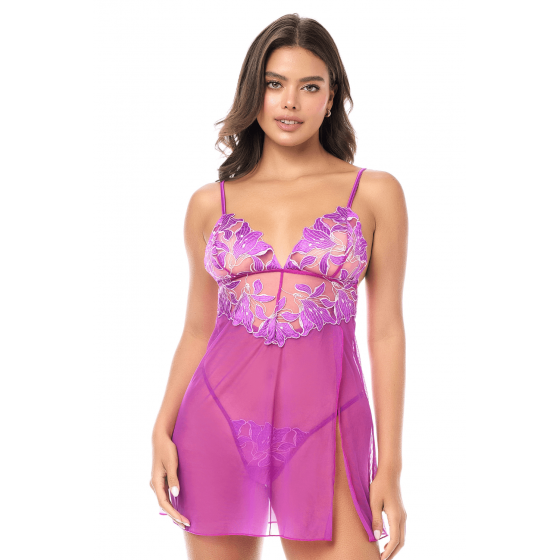 Babydoll sexy en résille brodée florale et string Pas Cher