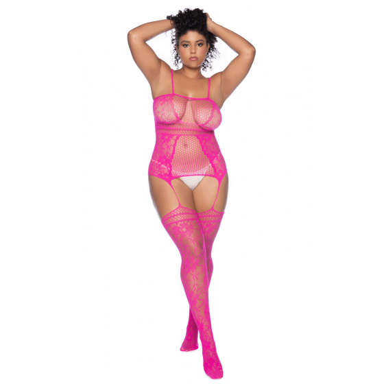 Combinaison grande taille en résille rose Pas Cher