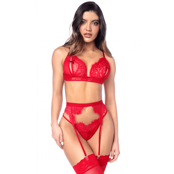 Ensemble lingerie 3 pièces en dentelle sexy – bustier, string & porte‑jarretelles noir