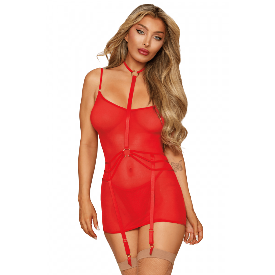 Ensemble 2 pièces rouge – Nuisette & harnais porte‑jarretelles sexy