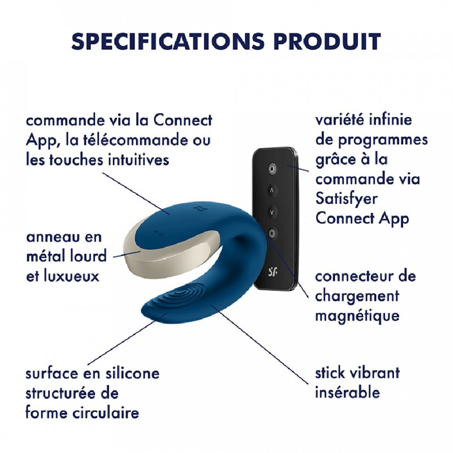 Vibromasseur connecté pour couple Double Love bleu – USB & télécommande