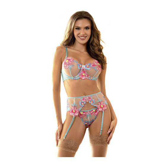 Subblime – Ensemble lingerie soutien-gorge et culotte avec porte-jarretelles floral bleu