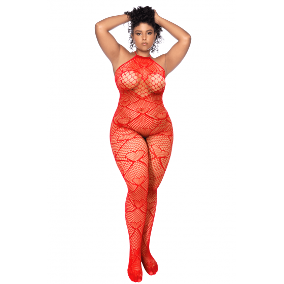 Bodystocking grande taille résille rouge motif cœur strass ouvert à l’entrejambe