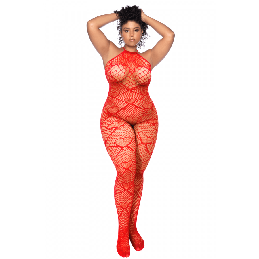 Bodystocking grande taille résille rouge motif cœur strass ouvert à l’entrejambe