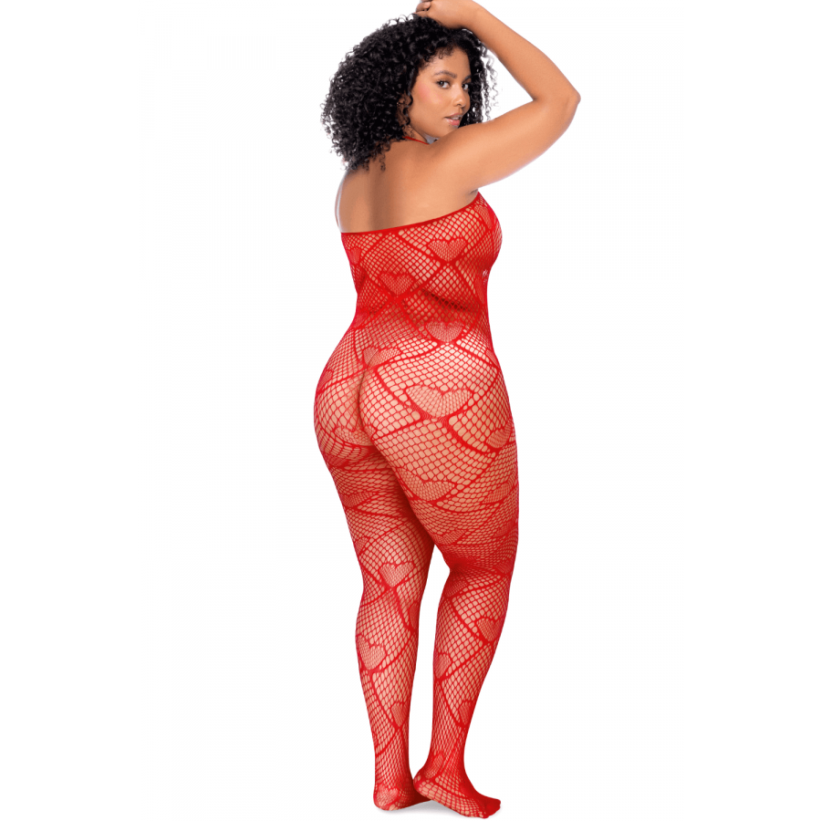 Bodystocking grande taille résille rouge motif cœur strass ouvert à l’entrejambe