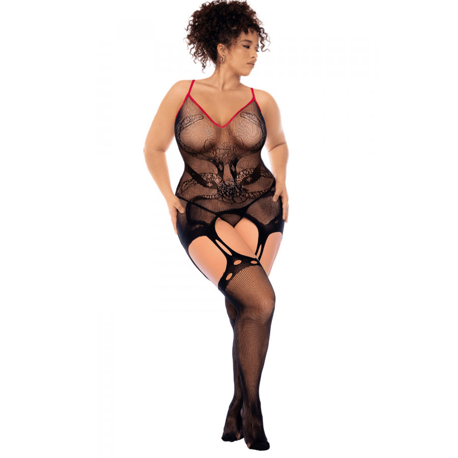 Bodystocking grande taille en résille noire motif serpent – sexy et audacieux