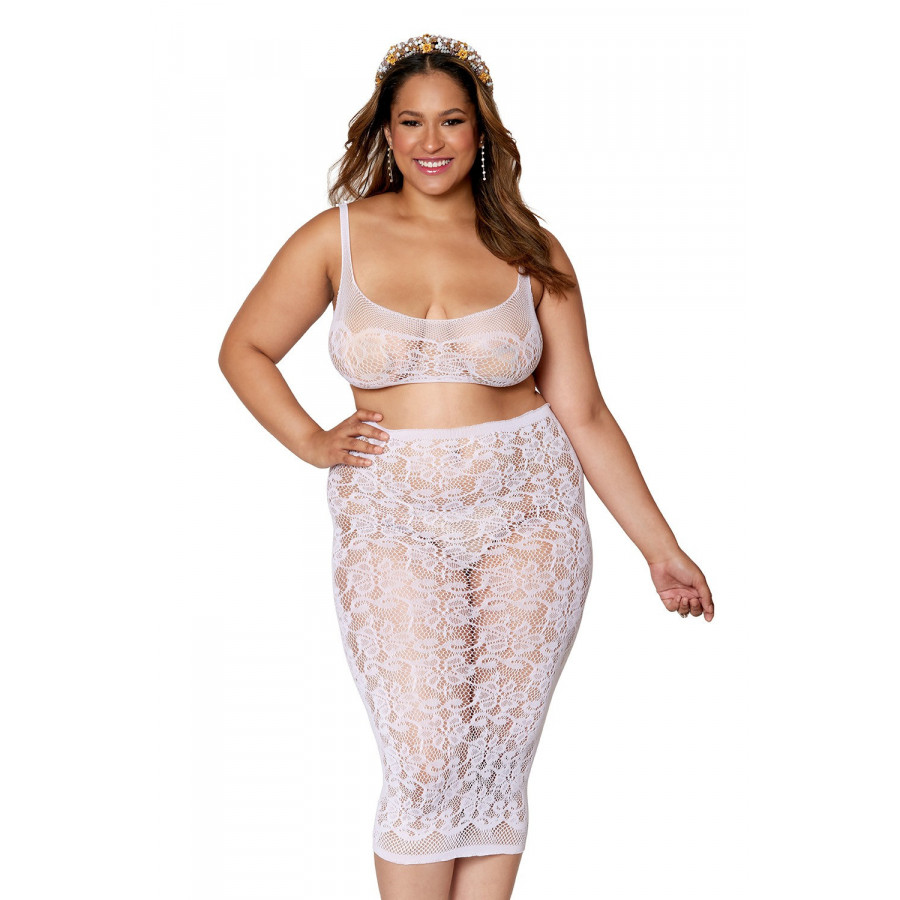 Ensemble lingerie grande taille résille fantaisie et jupe longue assortie – Blanc