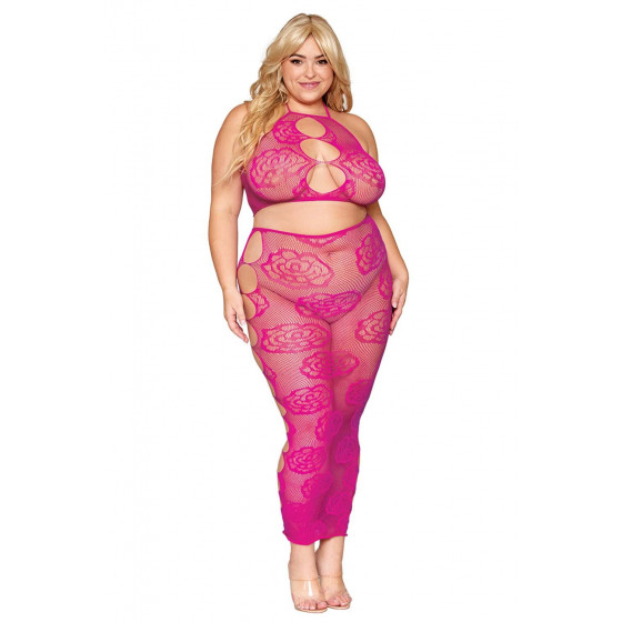 Ensemble lingerie grande taille – Soutien‑gorge et jupe longue en filet rose