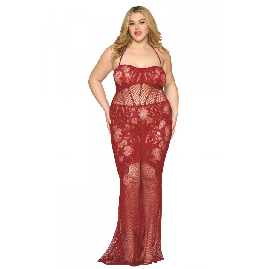 Nuisette longue grande taille en résille rouge – Sexy & transparente
