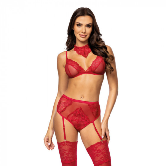 Cristalyn ensemble lingerie Cherry – Ensemble sexy dentelle rouge avec porte-jarretelles et bretelles réglables