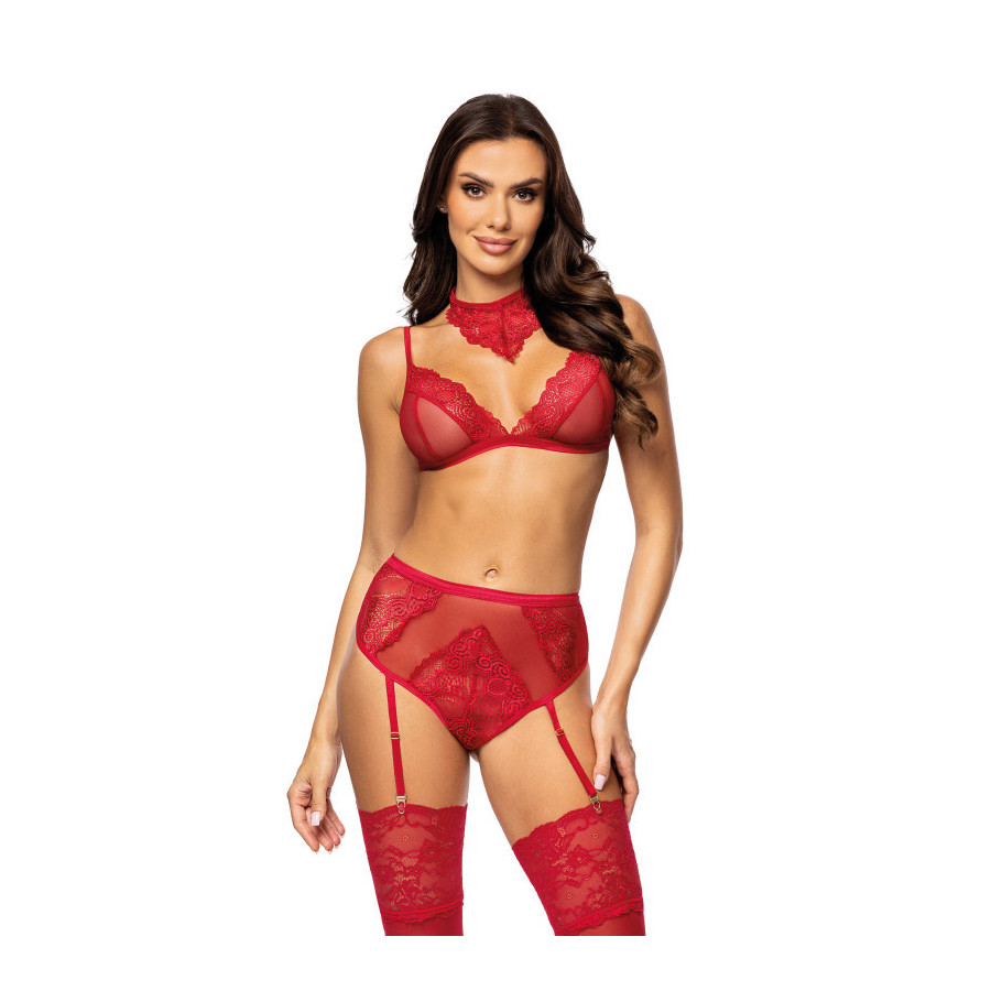 Cristalyn ensemble lingerie Cherry – Ensemble sexy dentelle rouge avec porte-jarretelles et bretelles réglables
