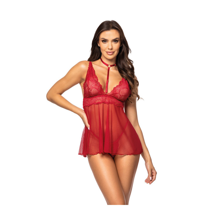 Milana babydoll Cherry – Babydoll sexy rouge cerise en dentelle et voile mesh