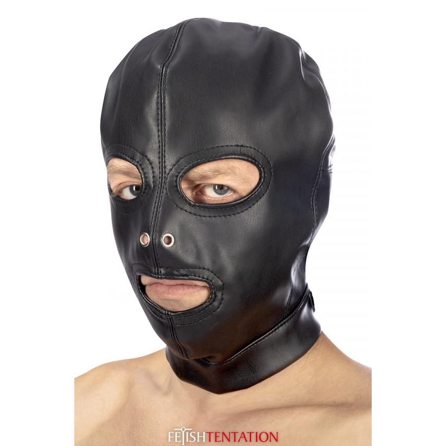 Cagoule BDSM 3 ouvertures simili‑cuir Fetish Tentation – Masque sensuel & élégant