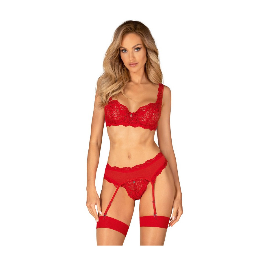 Ensemble Amor Cherris rouge – lingerie 3 pièces bustier, string & porte‑jarretelles