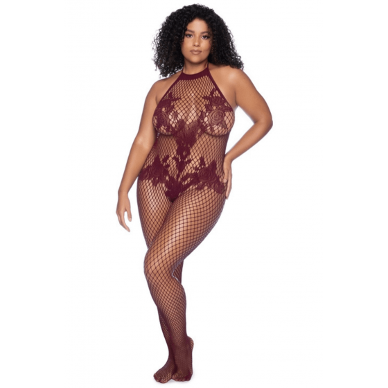 Combinaison grande taille en résille couleur cerise Pas Cher