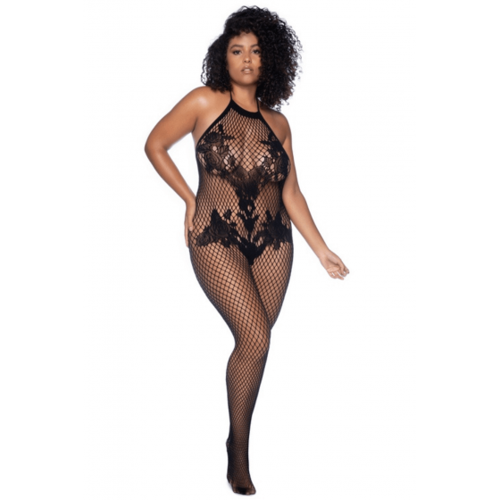 Combinaison Grande Taille en Résille Noire Pas Cher