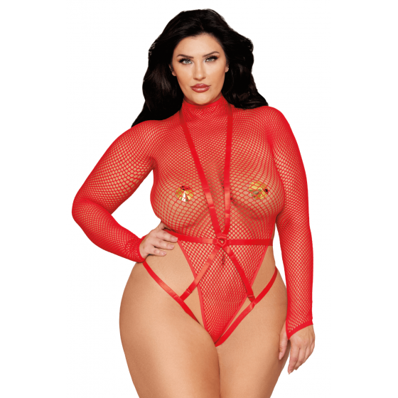 Ensemble 2 pièces grande taille, bodystring résille rouge Pas Cher