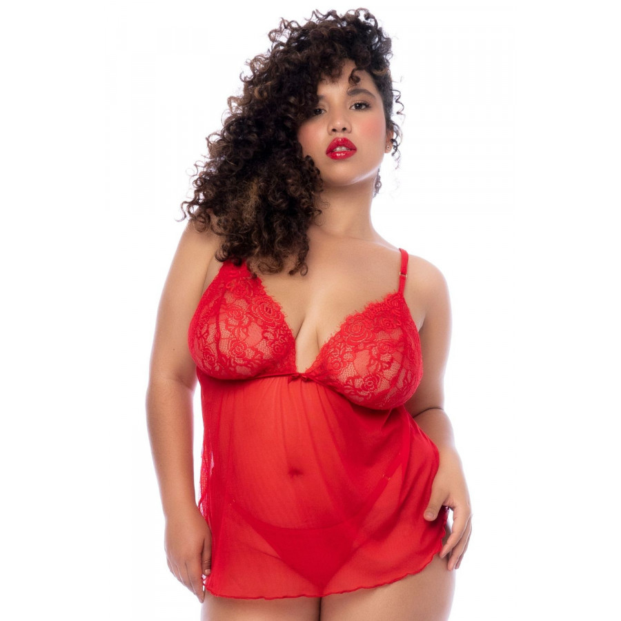 Nuisette courte grande taille rouge et string Pas Cher