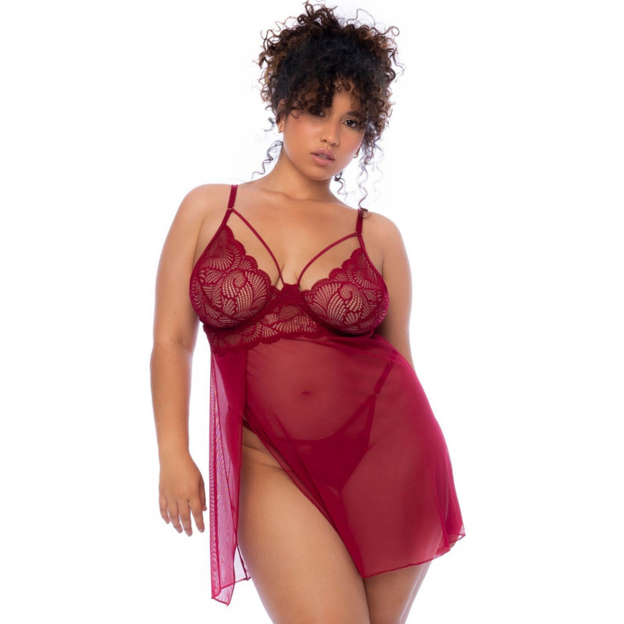 Nuisette grande taille couleur framboise et string Pas Cher