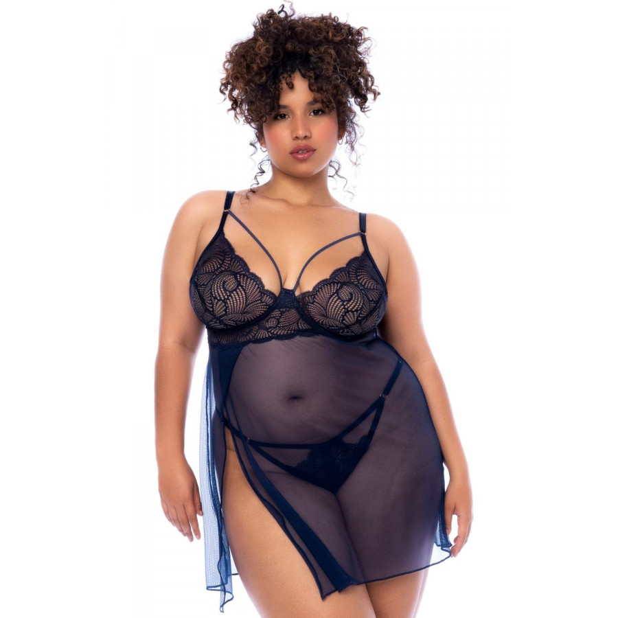 Nuisette grande taille bleu nuit et string Pas Cher