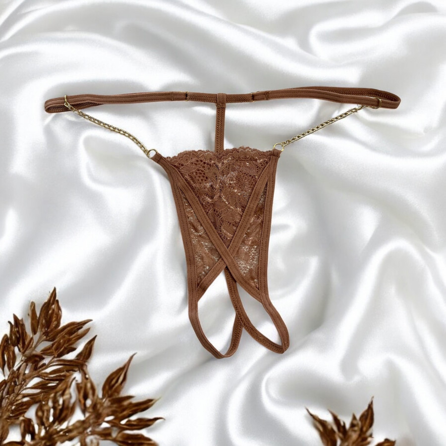 String en dentelle taupe ouvert avec chaînes dorées Pas Cher